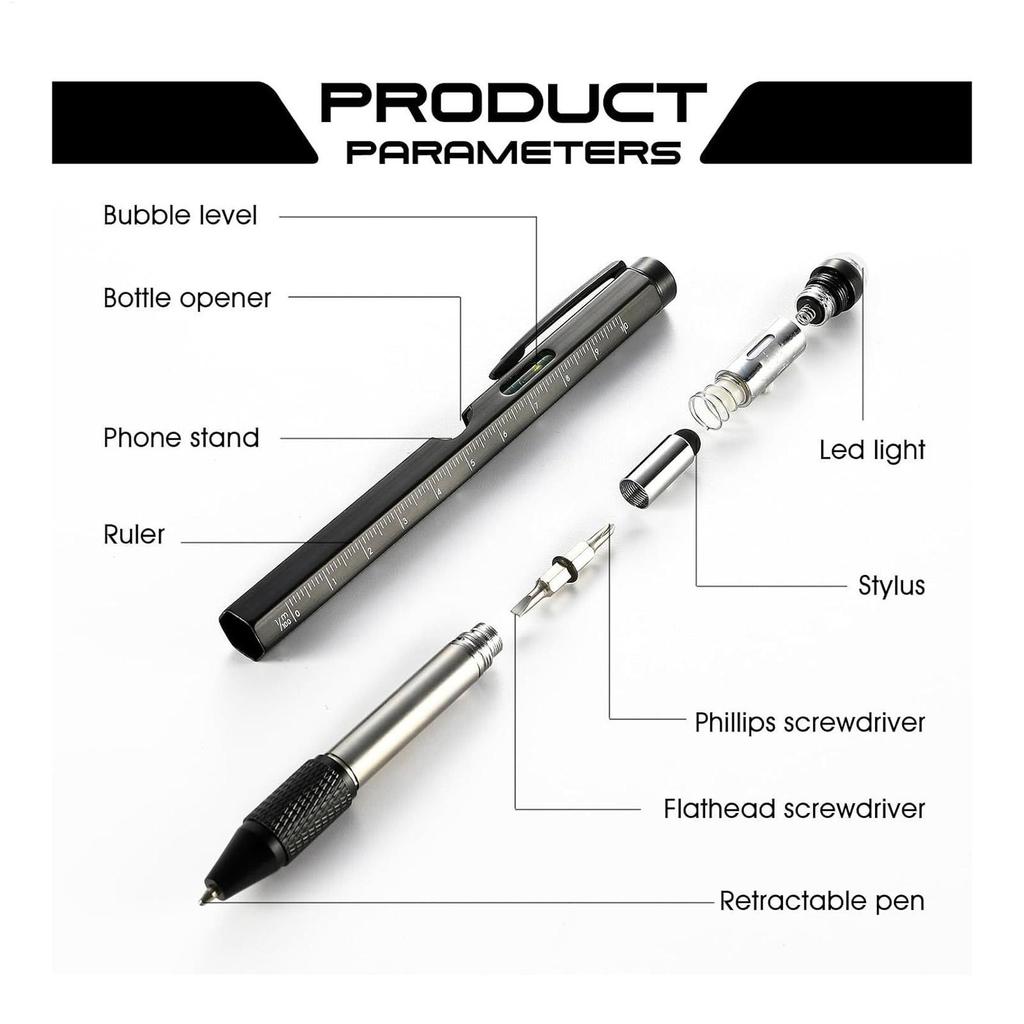 Professionele 9-in-1 Multitool Pen met LED-lamp Schroevendraaier Liniaal Waterpas Flesopener Survivaluitrusting voor Kamperen Werkplaats Reparatie