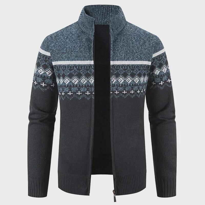 Мужской осенне-зимний кардиган на молнии - толстое бархатное трикотажное пальто с воротником-стойкой L синийсерый 2526₽