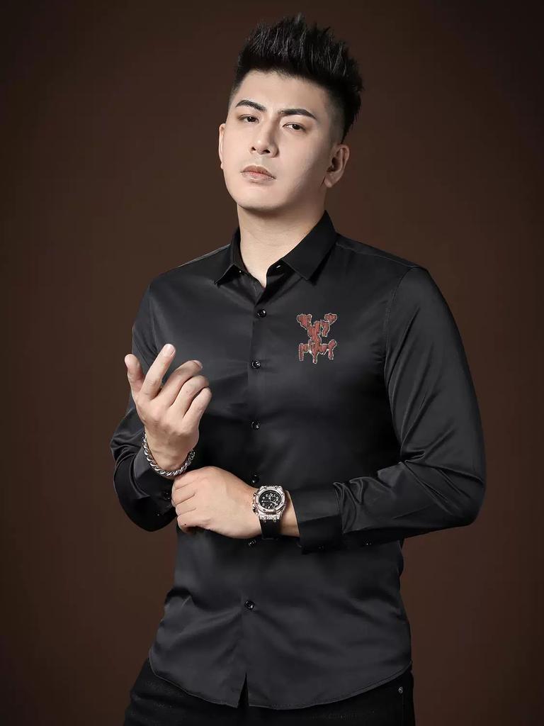 European Goods Trendy Brand Letters Print Long Sleeve Shirts Men's Business Casual Shirt 2025 Autumn New Bottoming Shirt Men