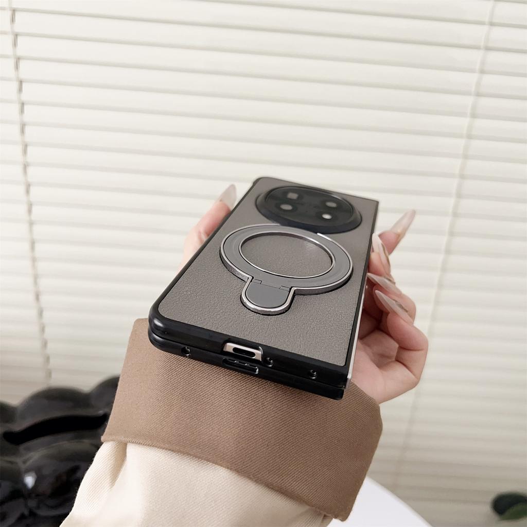 For Oppo Find N5 5G Case Electroplated Ring Kickstand PC + PU Leather Phone Protective Cover
