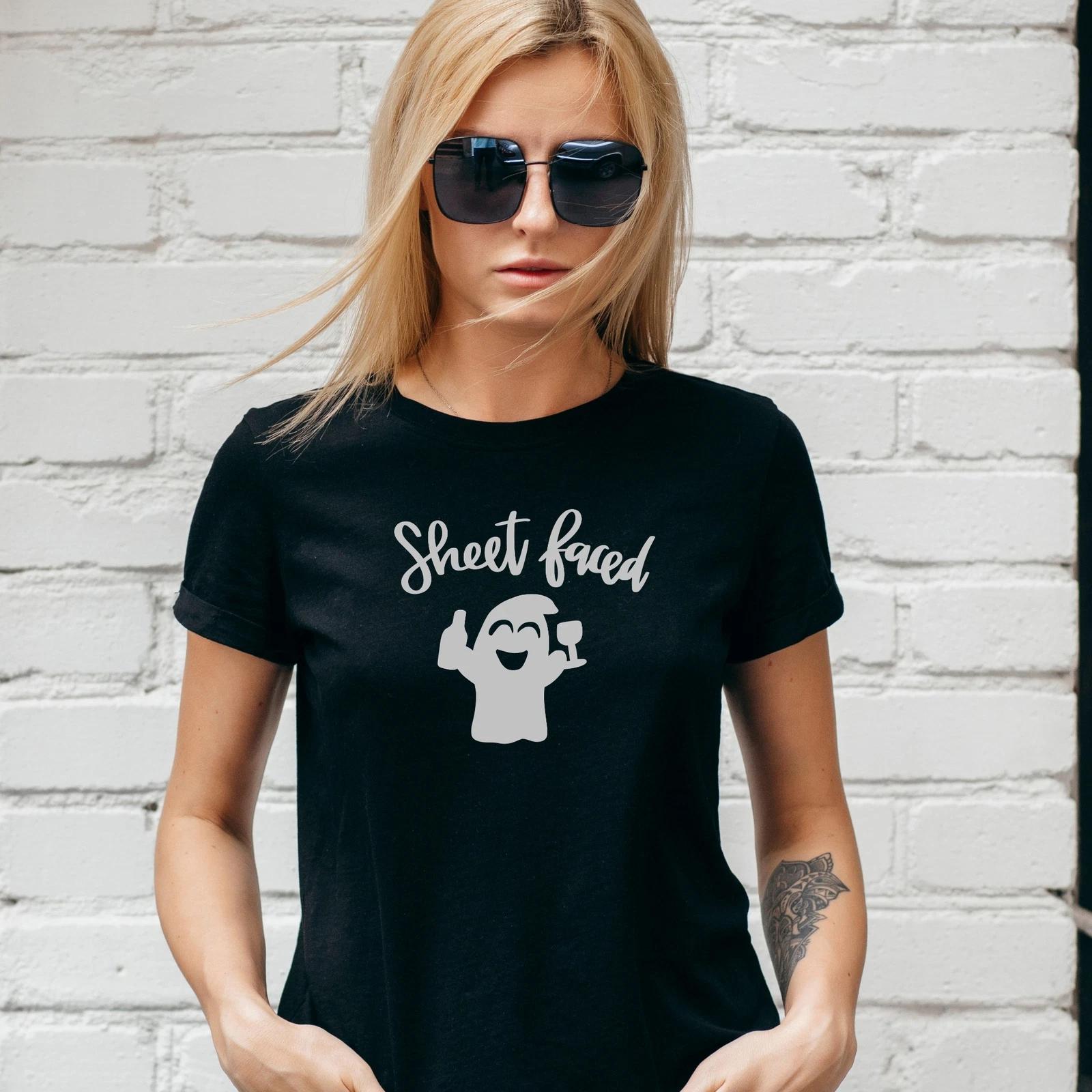 SHEET FACED T-SHIRT, FUNNY HALLOWEEN, Autumn, Fall, Amber Motif, Unisex/Lady Fit XL
