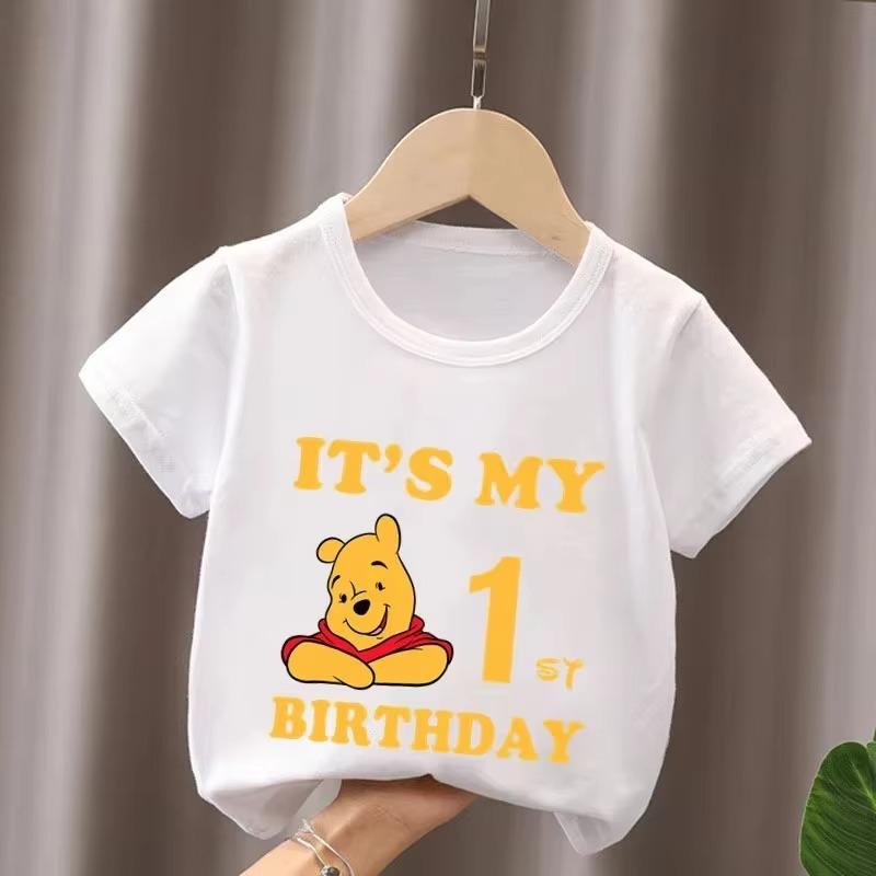 Winnie The Pooh Birthday Themed Printed Children's T-shirt Summer Pure Cotton Breathable Parent-child Outfit Short Sleeved