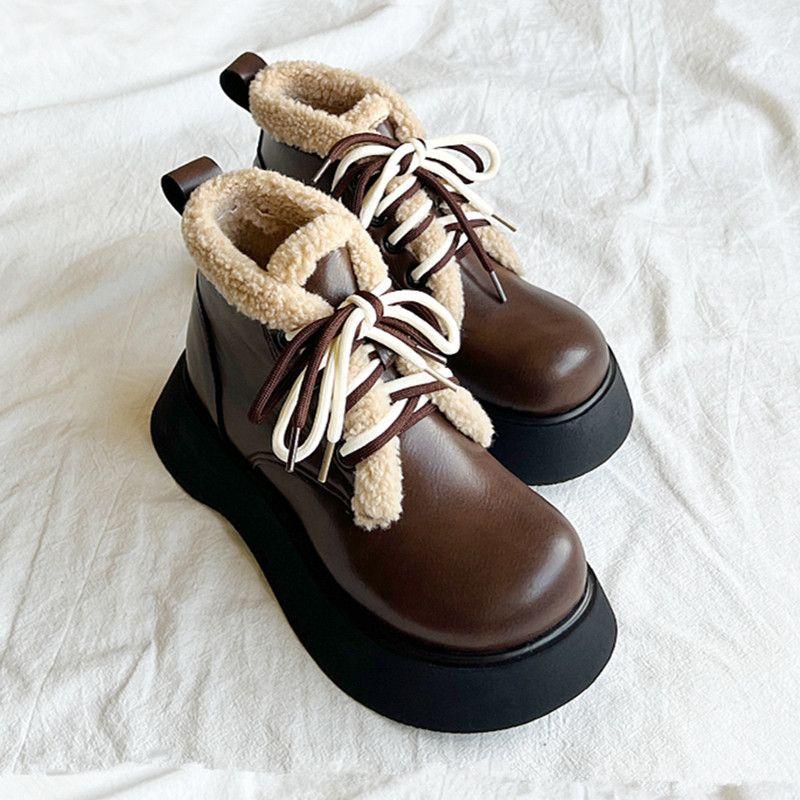Fashion Round Toe Lace-up Chunky Snow Boots for Women Leather Plush Booties Comfortable and Elegant Footwear Autumn Winter Woman Shoes