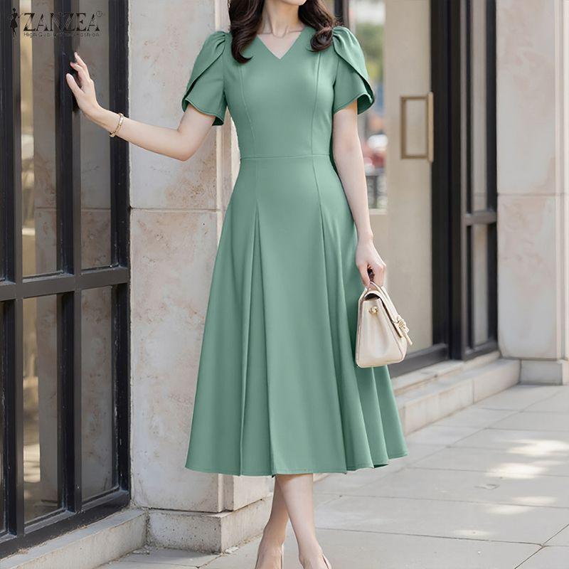ZANZEA Women Elegant V-Neck Casual Short Sleeve Midi Dress
