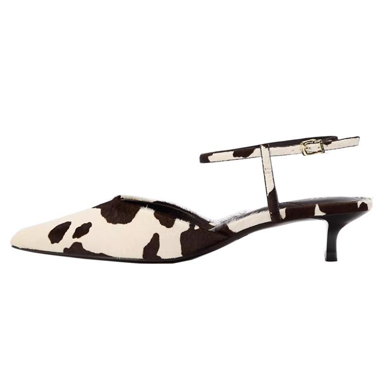 Xia's new one-word buckle with kitten and horsehair medium heel bag head sandals large size shallow mouth empty women's shoes