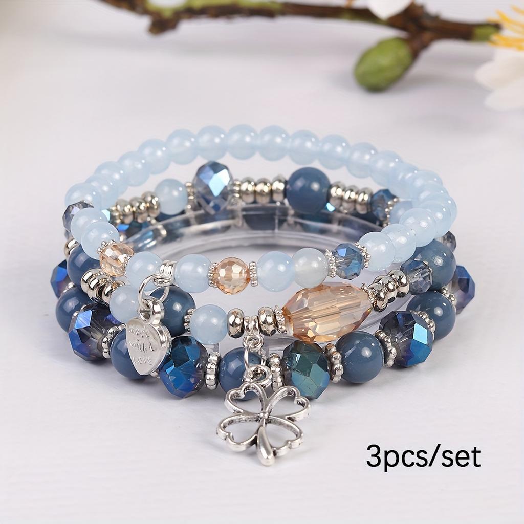 3er Set Bohemian Schmuck mit Schleifen- und Herzdesign, Handgefertigtes Perlen-Trend-Mehrlagenarmband für den Alltag
