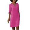Retro High Waist V-Neck Cotton Linen Dress European American Style Solid Color Washed Wrinkled Fabric Three Quarter Sleeves