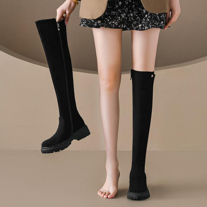 Neue europäische und amerikanische kniehohe Stiefel mit dicker Sohle und rutschfester Gummisohle für Damen in Übergröße, Herbst und Winter, runde Spitze, mittelhoher Absatz