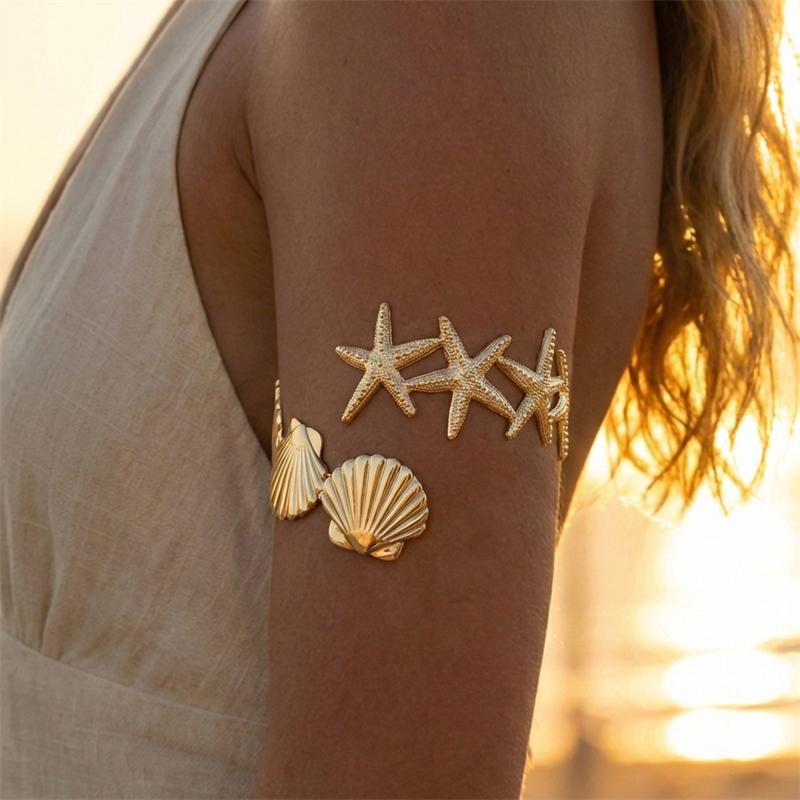 

Classic Gold Color Starfish Shell Splicing Upper Arm Bracelet for Women Metal Star Open Armlet Boho Summer Jewelry Accessories