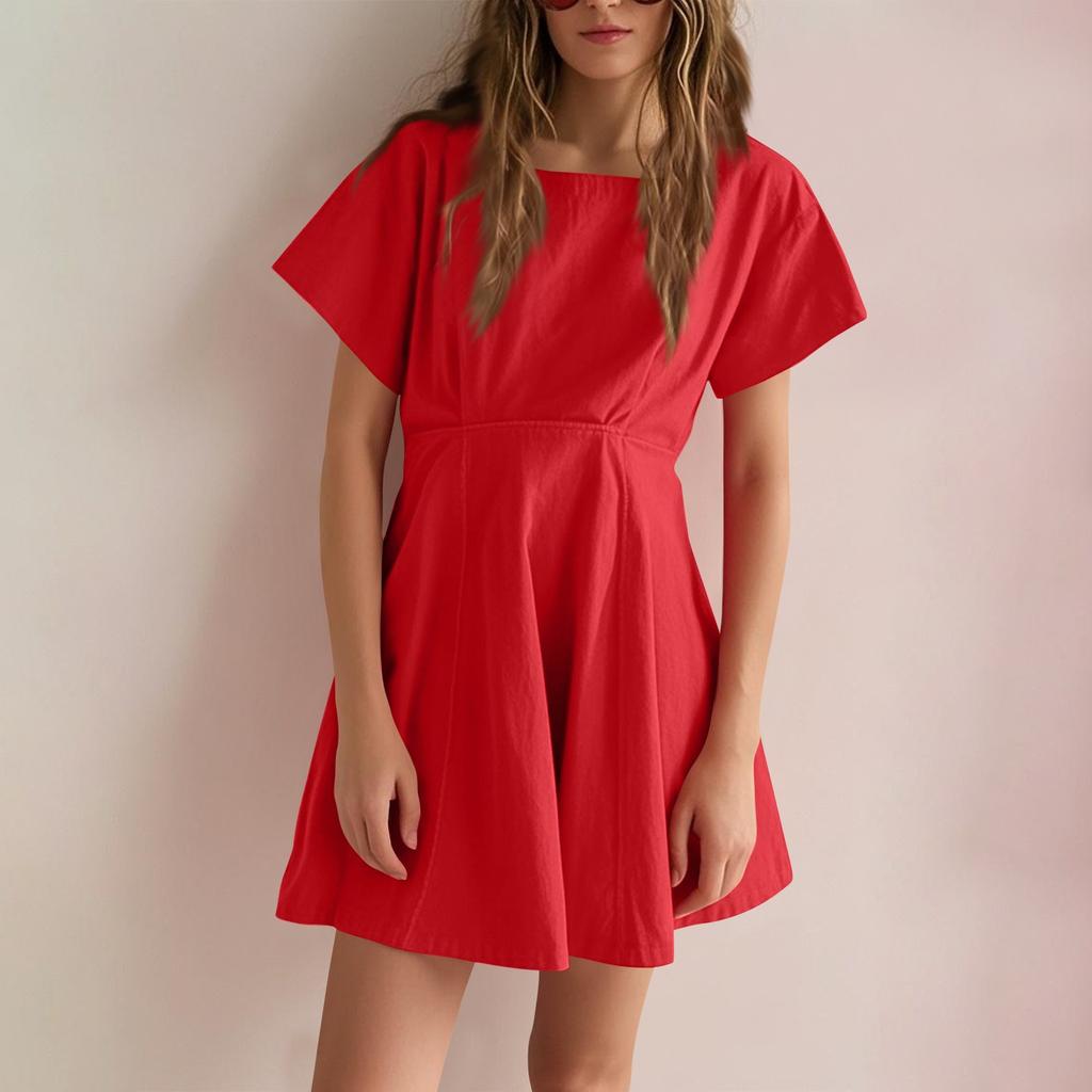 Women's Casual Fashion A-line Skirt Square Tie Button Color Dress