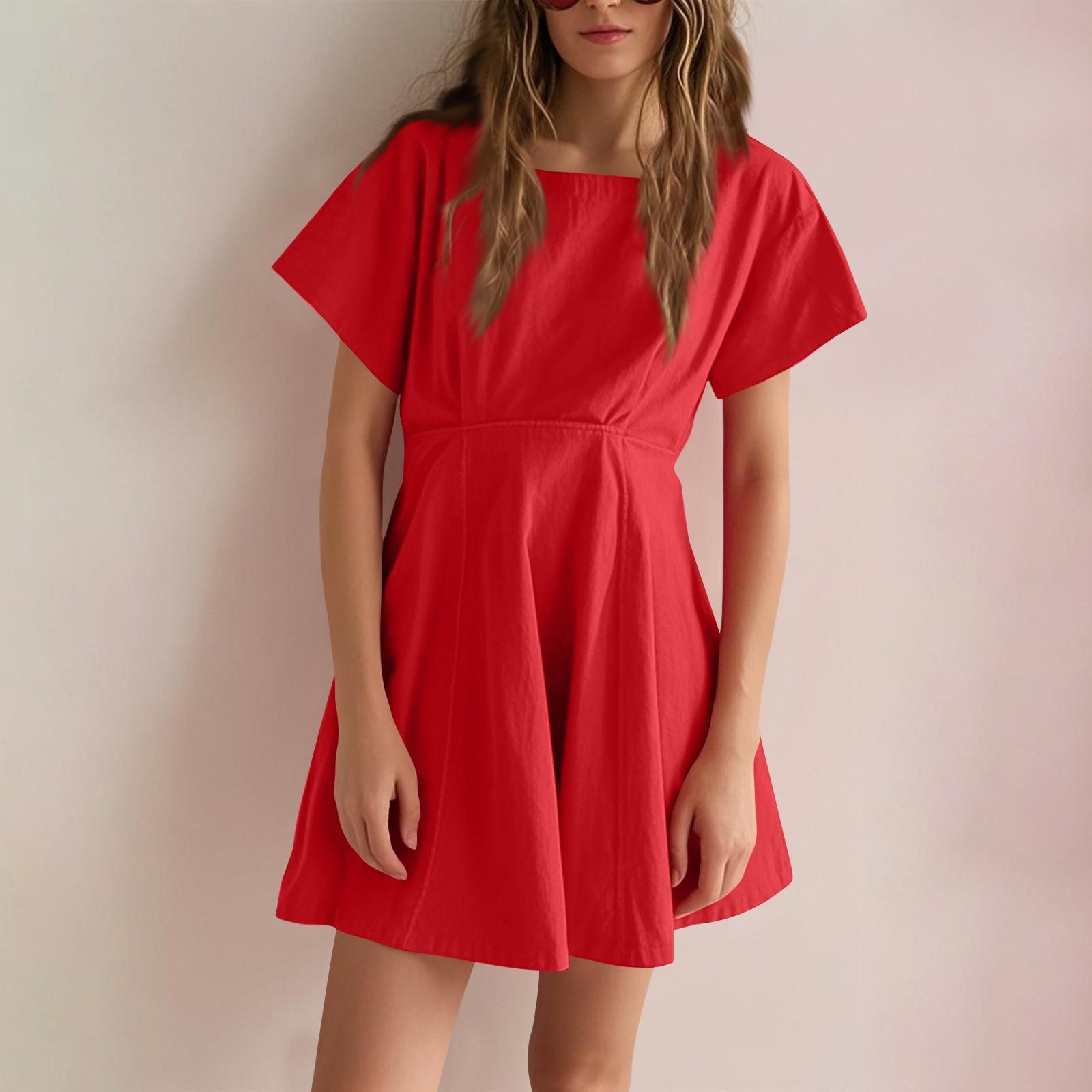 

Women s Casual Fashion A-line Skirt Square Tie Button Solid Color Dress XL червоний