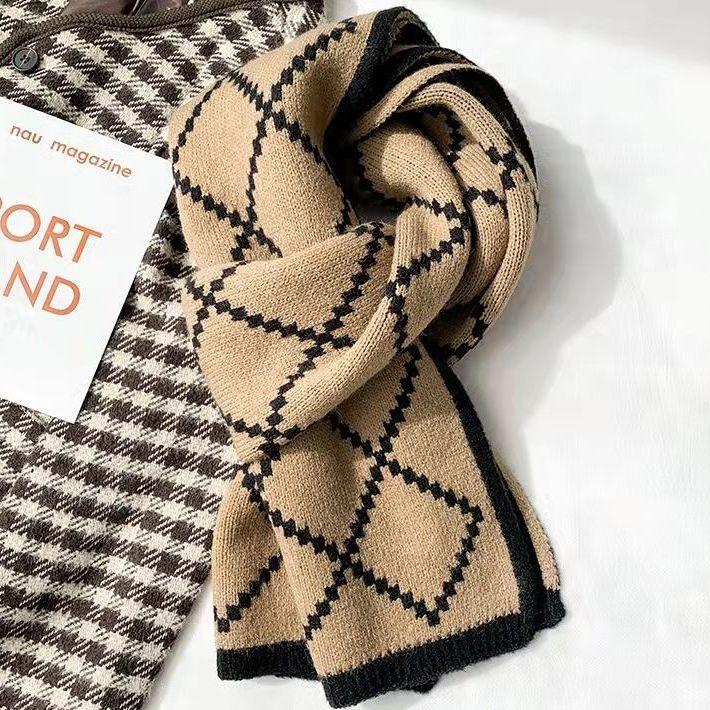 Cute Soft Girl Women's Plaid Scarf Autumn Winter Korean Style Versatile Thickened Warm Knitted Wool Neck Warmer