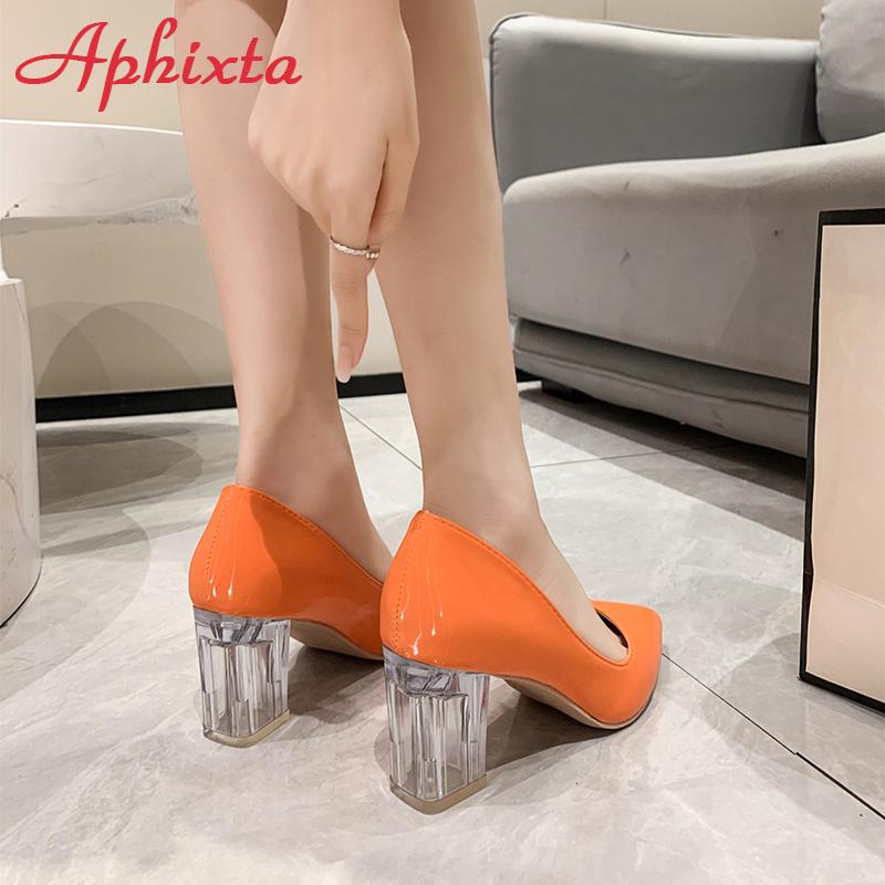 Fashion Aphixta 7cm High Heels Women Lady Orange Leather Pumps Female Wedding Green Transparent Shoes Drop Shipping Plus Size  30-50
