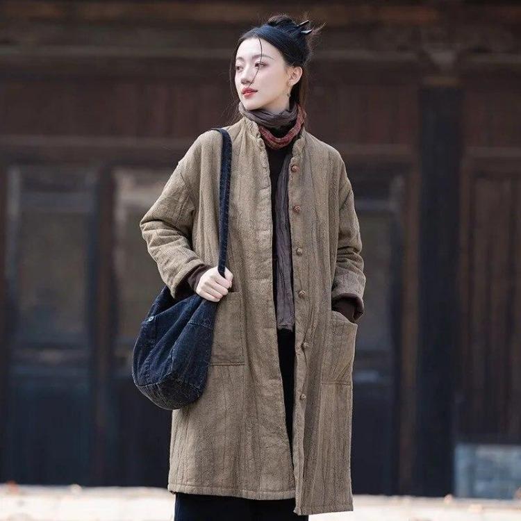 Chinesischer Stil Vintage Damen Parkas Warme Plus Size Baumwollmäntel Langarm Stehkragen Knopfleiste Hochwertige Winterjacke