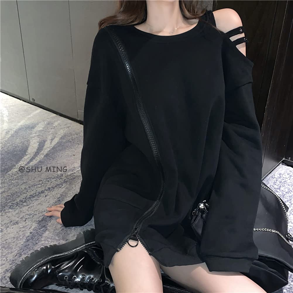ShuMing Long Sleeve Loose Street Korean Pullover Women's Hoodie, Off-the-Shoulder, Fit, Simple, Black, Style, Style, Stylish, (Free Size, Black)