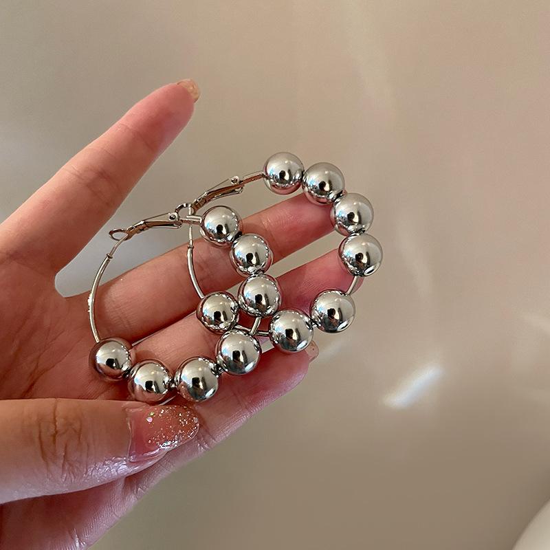Exaggerated Metal CCB Round Ball Beads Hoop Earrings for Women Fashion Silver Color Large Circle Geometric Earrings Jewelry Gift