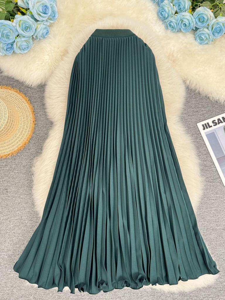 Classic High-Waist A-Line Pleated Midi Skirt - Versatile European & American Style for Women