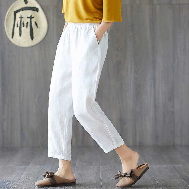 Women Summer Casual Loose Harem Elastic Waist Cotton Linen Pants Ninth Trousers