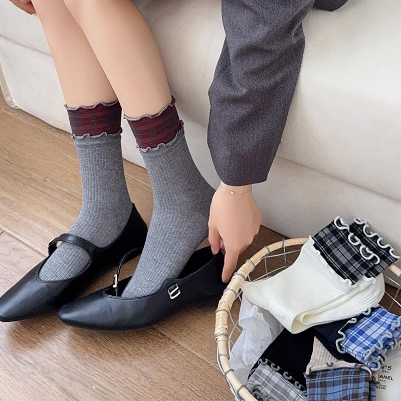 2025 Ruffle Double Layer Ribbed Cotton Plaid Mid-Calf Socks for Women