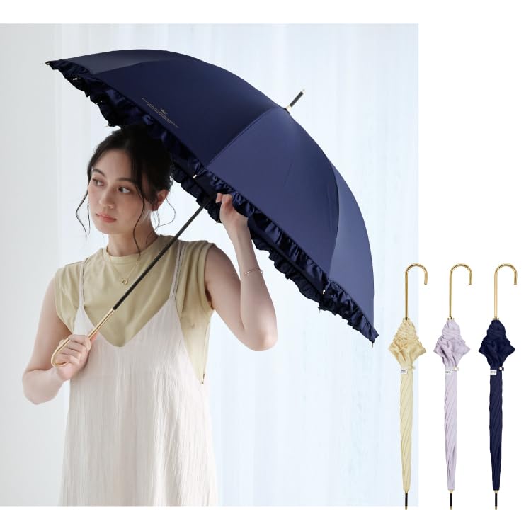 Feminine Long For Both Sunny and Rainy Gold For Commuting to Work or School Wpc. Umbrella, Ruffles, Navy, Umbrella, 58cm, Women's, Days, Large, Cute,