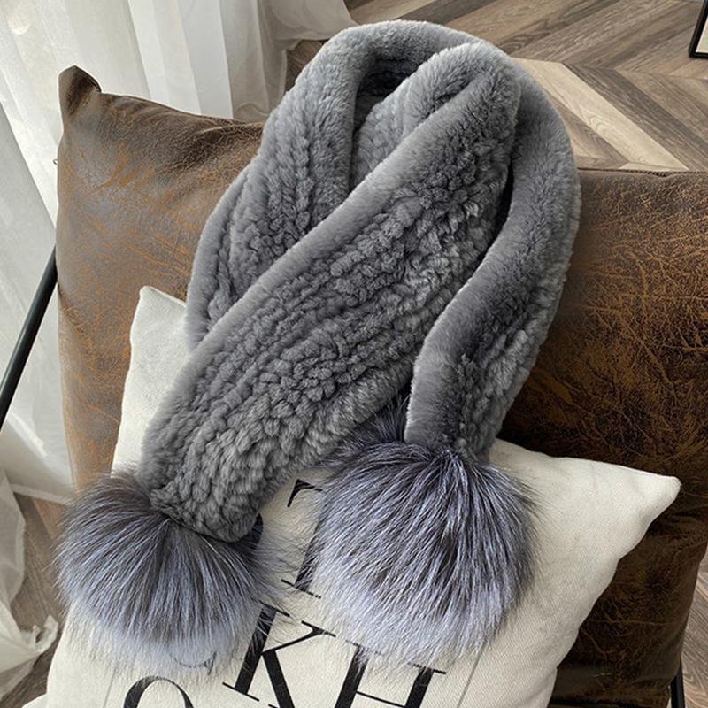 Luxury New Rex Rabbit Fur Long Scarf Mufflers Soft Thick Shawl Neck Ring for Women Silver Fox Fur Pompoms for Winter