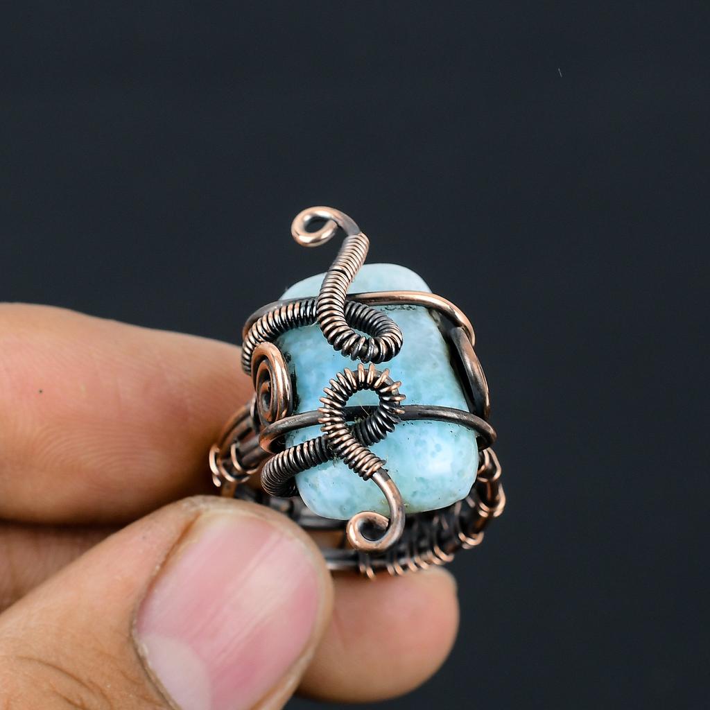 Natural Larimar Gemstone Handmade Copper Wire Wrap Gift Ring Size 8 Q8r40