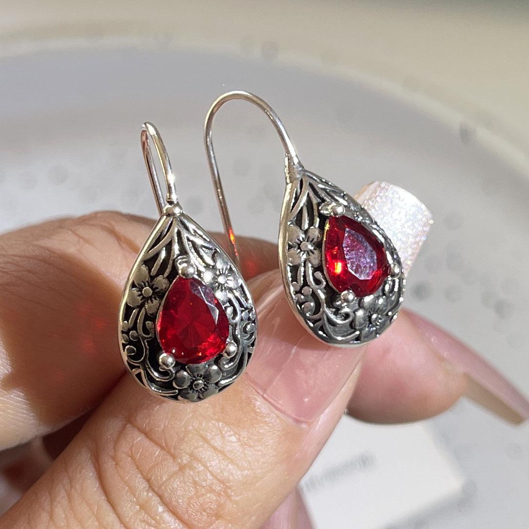 

BF CLUB 925 Sterling Silver Vintage Earrings For Women Vintage Red Zircon Earring Jewelry Prevent Allergy Party Accessories Gift