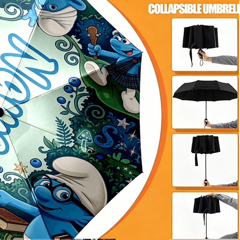Custom Name Personalized The Smurfs Print Umbrella, Auto Open Close, 8‑Rib Sturdy Frame, Commute Camping Hiking Use, Birthday Gift