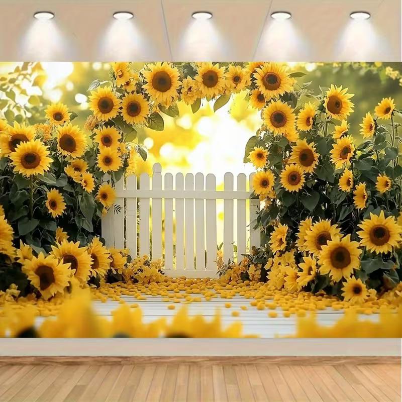 2D Sonnenblumenbogen Kulisse, Heller Sonnenblumengarten mit Zaun Hintergrund für Hochzeits- & Geburtstagsveranstaltungen