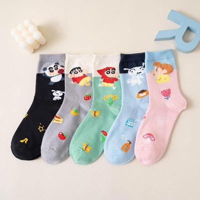Süße Anime-Cartoon-Socken aus gekämmter Baumwolle für Damen – koreanischer Stil, farbenfroh, mittellang