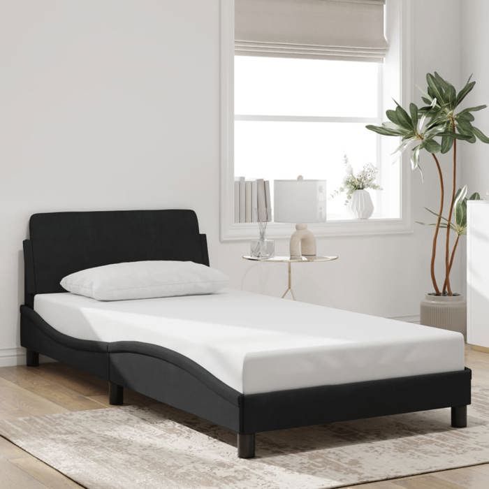 VidaXL Cadre de Lit avec Tête de Lit, Lit Rembourré avec Sommier à Lattes, Lit Simple avec Pied Chambre à Coucher, Noir 373134
