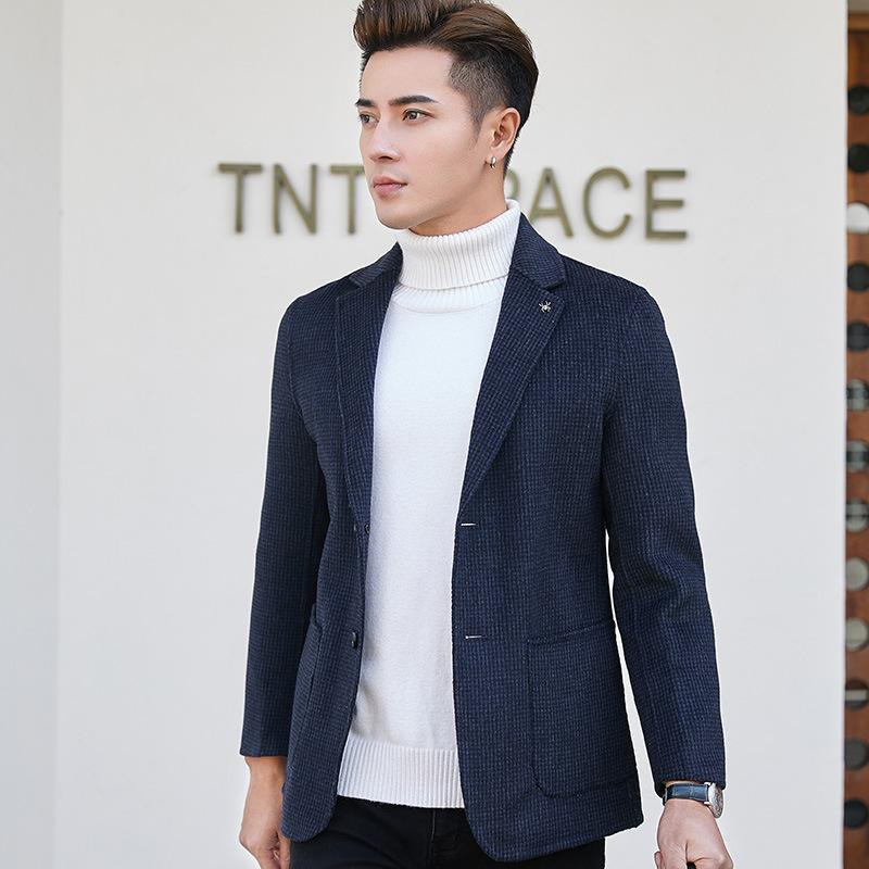 Autumn and Winter Simple Double-sided Woolen Suit Men's Slim Plaid Handmade Small Suit Cashmere-free Suit Jacket for Men
