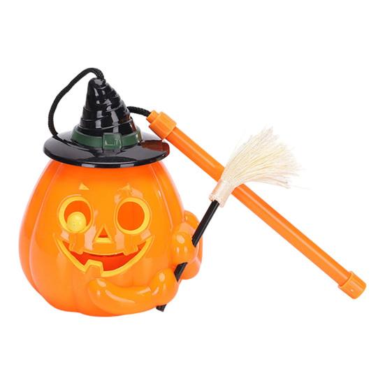Portable Pumpkin Light Glowing Halloween Lantern, Jack O Lantern with Witch Hat Broom, Lightweight Prop Up Decor, Trick or Treat for Kids Party Decor