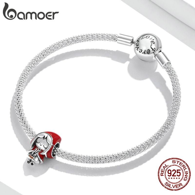 bamoer 925 Silver Fairy Tale Charm Little Red Riding Hood Forest Love Candle House Wolf Charm for Bracelet DIY