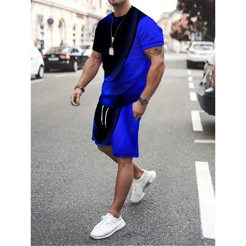 New Gradient Texture T-Shirt Men's Two-Piece Summer New Shorts Suit Fashion 3D Printing Street Casual Sportswear Men's Models