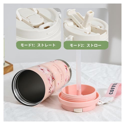 Cute floral-patterned thermos tumbler, vacuum insulated, stainless steel construction, leak-proof, and can be used with a straw or directly from the b