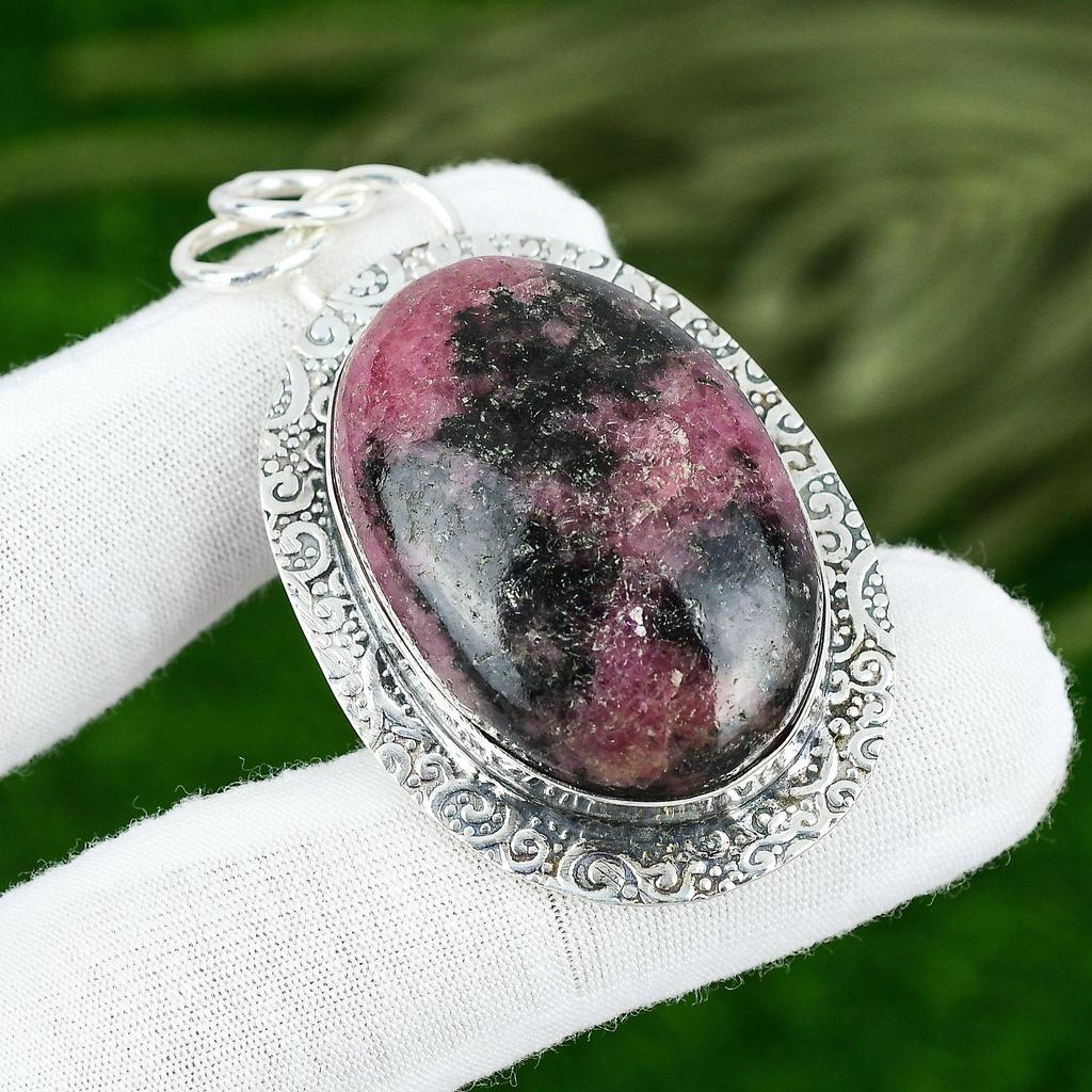 925 Silver Oval Rhodonite Gemstone Wedding Heart Chakra Birthday Mother Pendant
