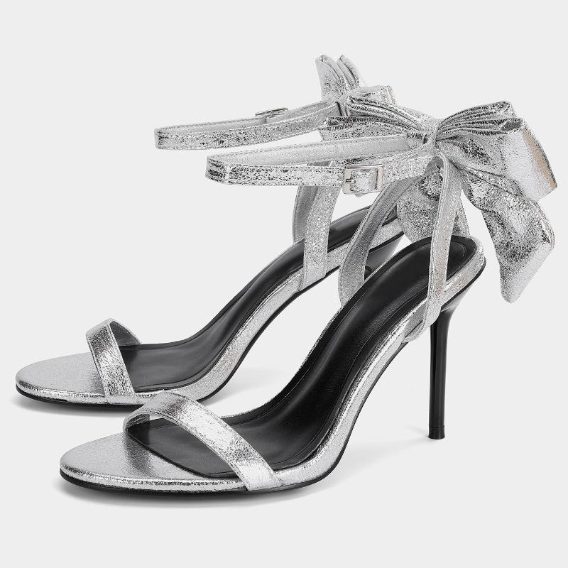 Fashion Silver Bow Decoration Brand High Heel Sandal Women Fashion Ankle Strap Buckle Designer Heels Elegant Banquet Bridal Evening Shoe