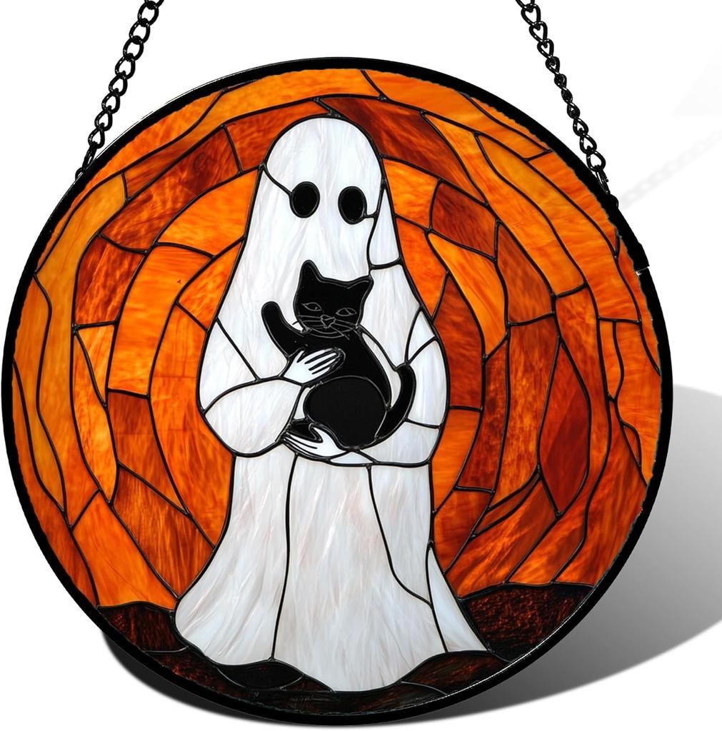 Acrylic Puzzle Hanging Ornament Ghost Figure with Cat Pattern Decorative Art Panel for Home Window Wall Decoration Gift