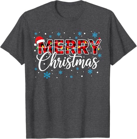 Funny Merry Christmas Buffalo Plaid Santa Hat Unisex Women TShirt Xmas Costume Novelty Gift Festive Santa Hat and String Lights