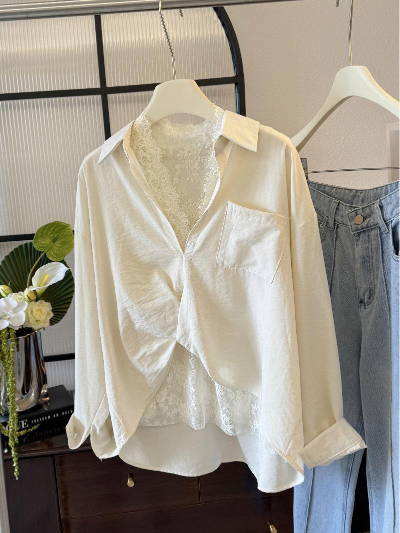 

Комплект-двойка во французском стиле: Рубашка с отложным воротником и длинными рукавами + кружевной жилет для женщин. One Size абрикосовый