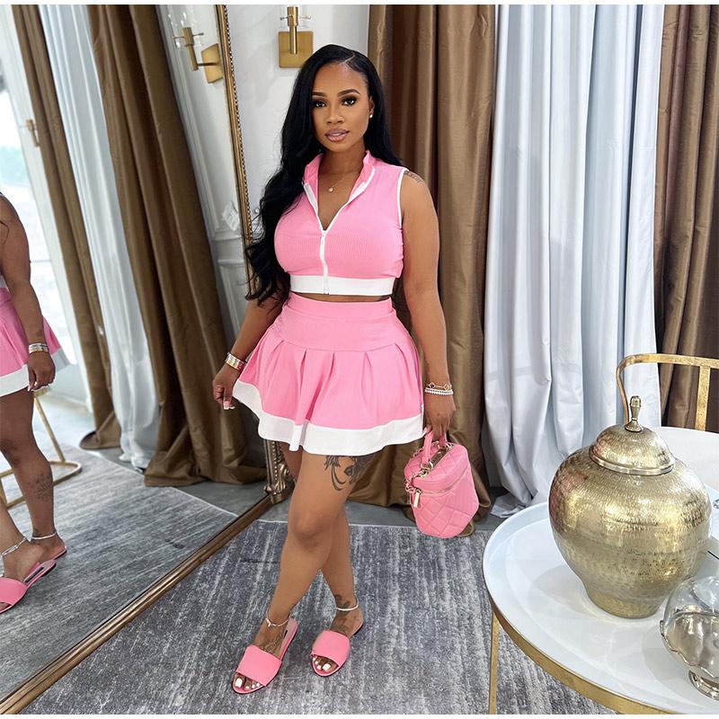 Fashion Casual Contrast Color Stitching Pleated Short Skirt Ladies Two-piece Summer Sports Stitching Ladies Suit High Street