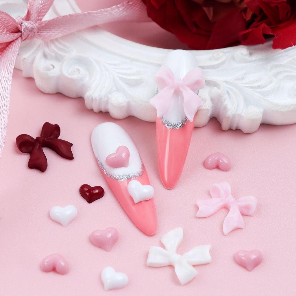 1 Box Mixed Valentine's Day 3D Nail Art Charms with Wine Red Love Heart Nail Accessories Pink Ribbon Bow Nail Art Decoration DIY Design Supplies
