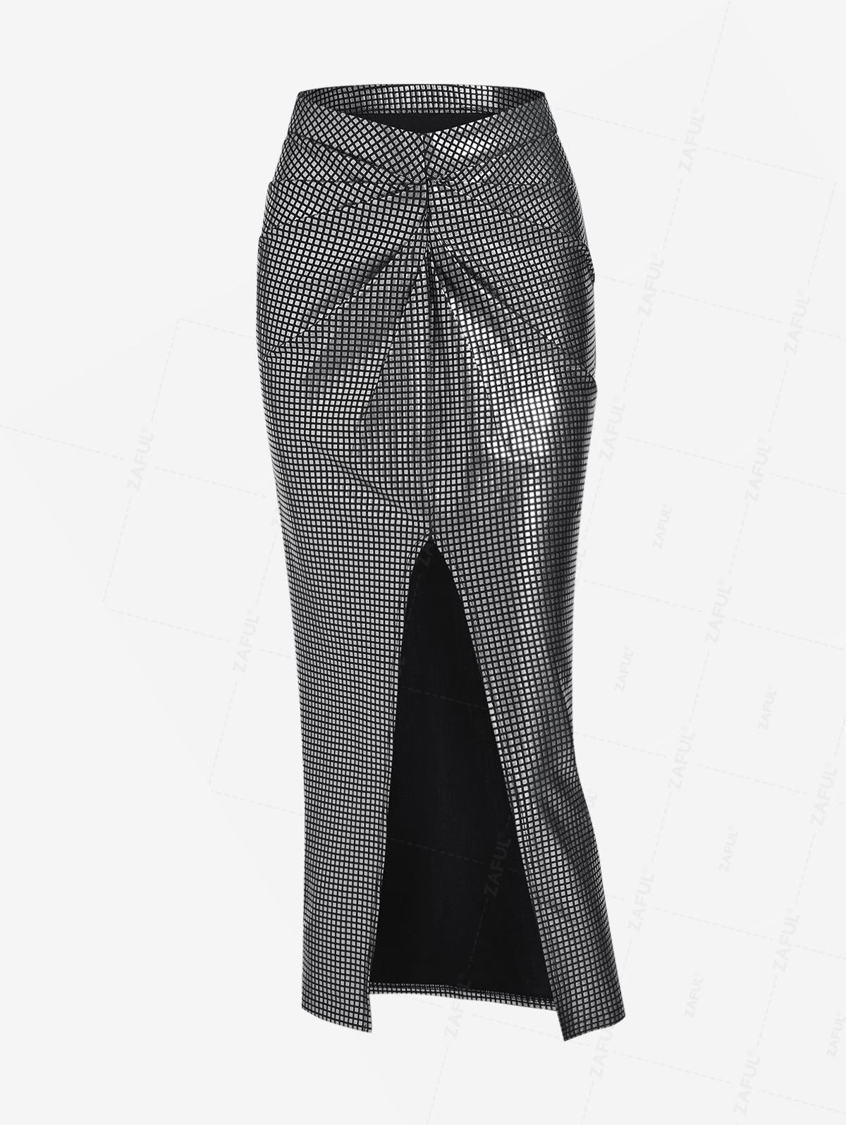 

ZAFUL Women s Sexy Party Metallic Foil Front Thigh High Split Ruched Midi Skirt S чёрный