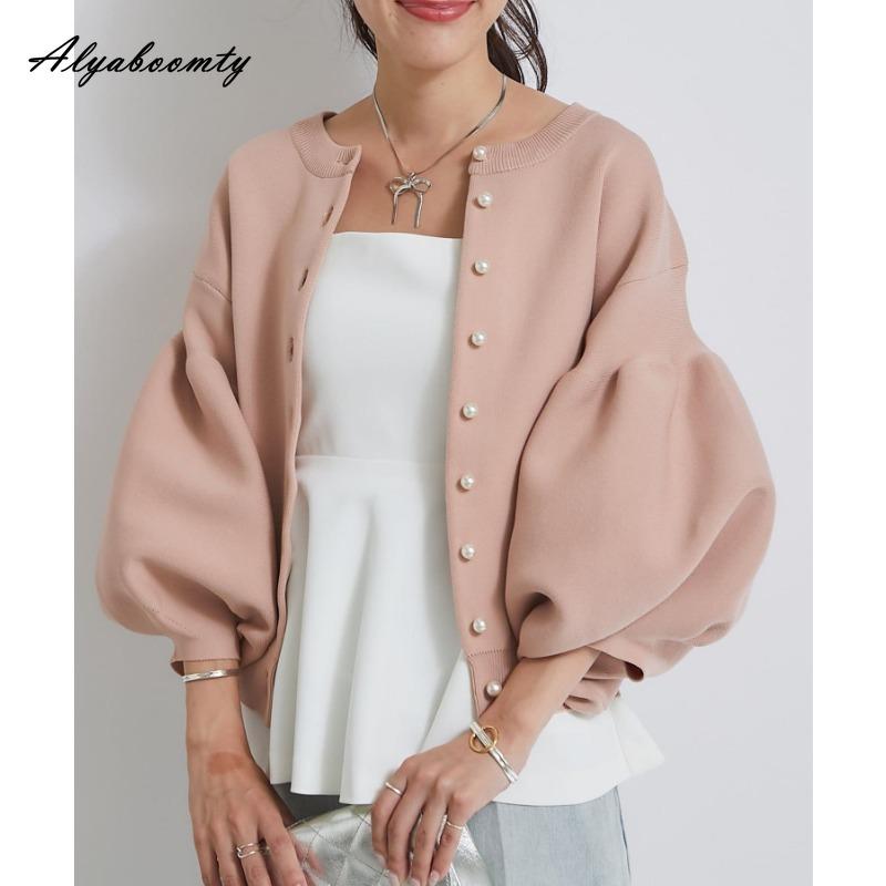 Maglione Autunno Inverno Ulzzang Coreano Donna Blu Rosa Nero Albicocca Maglia Cardigan Manica a Lanterna Lavorato a Maglia Capispalla Elegante