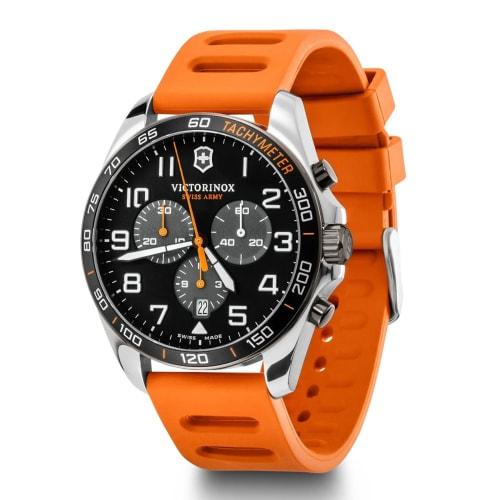 VICTORINOX FIELDFORCE SPORT CHRONO Wristwatch, Stainless Steel Case (316L), Black Dial, Orange Rubber Strap, Gift Item 241893