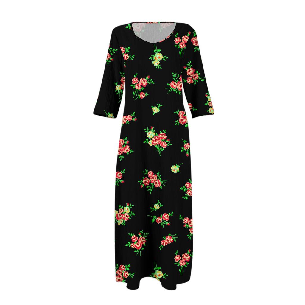 Dresses For Womens Vintage Print Tunic Waisted Midi Dress Summer Casual  3/4 Sleeve Dress