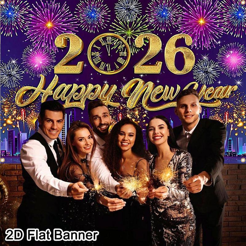 2026 Happy New Year Backdrop Banner Fireworks Black Gold New Year Celebrations Christmas Party Photo Background Decoration Gifts