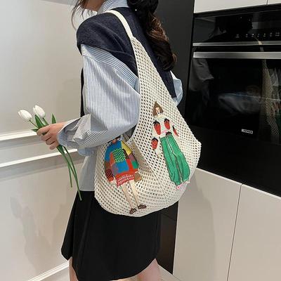 Cartoon Hollow Mesh Knitted Shoulder Bag Large Capacity Tote Bag Beach Vacation Bag Korean Casual Lightweight Handbag