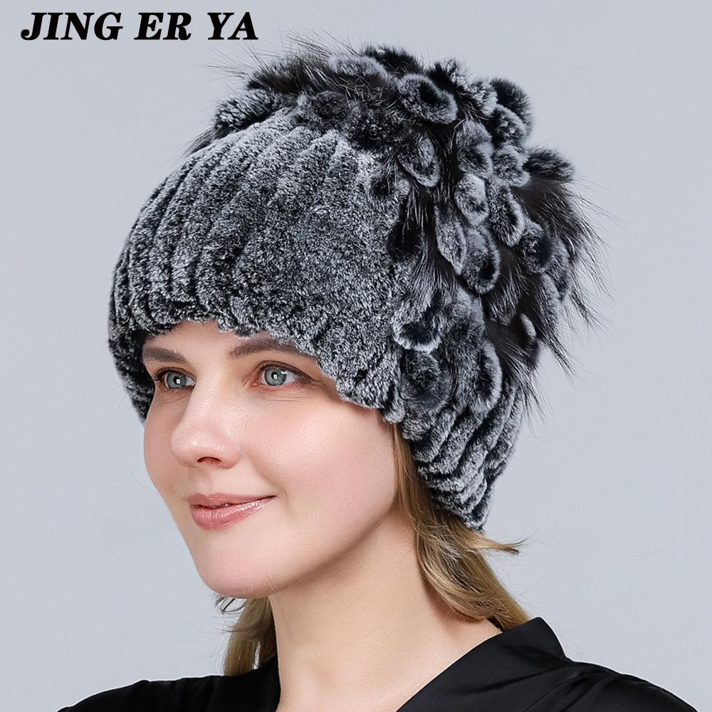 Winter Women's Warm Fashion Beanie Knitted Hat Real Rex Rabbit Fur Hat Knitted with Side Flower Russia Hat